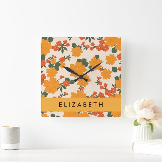 Orange Blume, Muster von Blume, Ihr Name Quadratische Wanduhr (Zuhause)