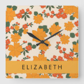 Orange Blume, Muster von Blume, Ihr Name Quadratische Wanduhr (Vorderseite)