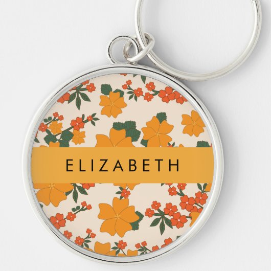 Orange Blume, Muster von Blume, Ihr Name Schlüsselanhänger (Vorne)