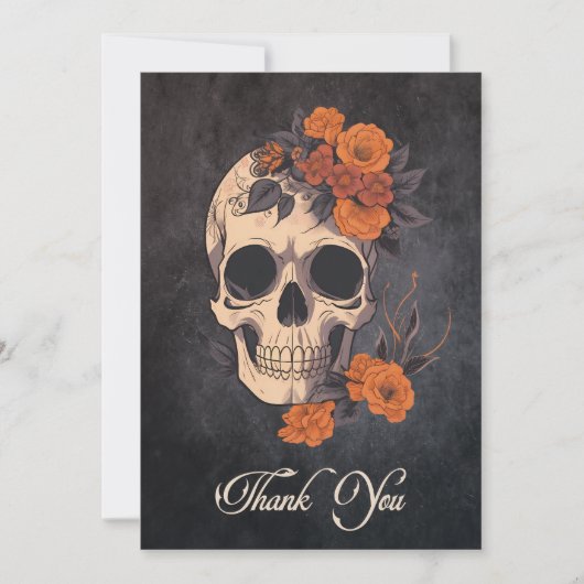 Orange Blume Skull Elegante Traditionelle Hochzeit Dankeskarte (Vorderseite)