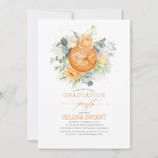 Orange Blume Wreath Boho Fall Abschluss Einladung (Vorderseite)