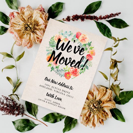 Orange Blumenreath Wir haben uns bewegt Einladung