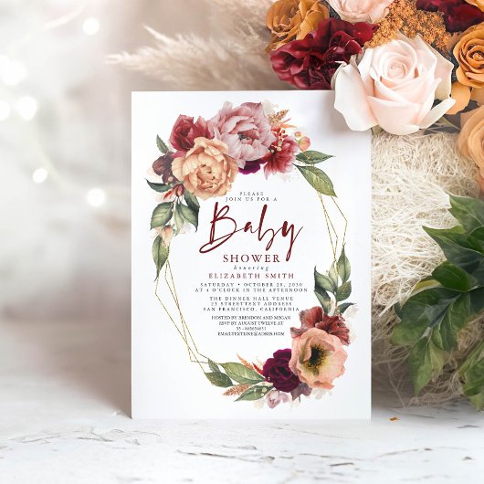 Orange Blush Burgundy Red Floral Fall Baby Dusche Einladung