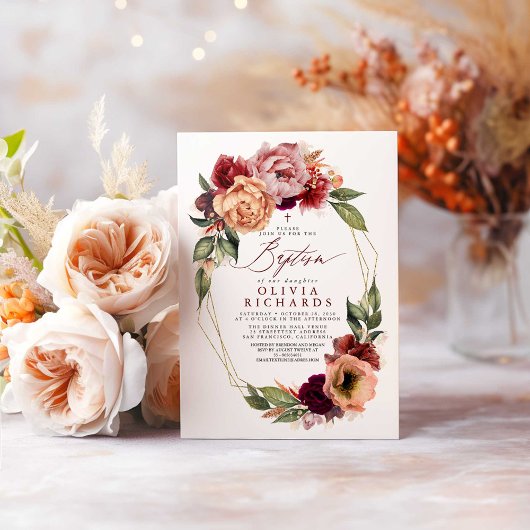 Orange Blush Burgundy Red Floral Fall Baptisse Einladung