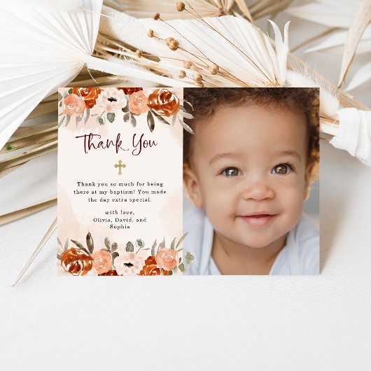 Orange Boho | Aquarellblau-Taufbecken-Foto Dankeskarte