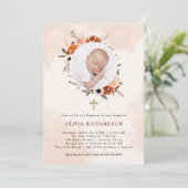 Orange Boho | Aquarellblau-Taufbecken-Foto Einladung (Stehend Vorderseite)