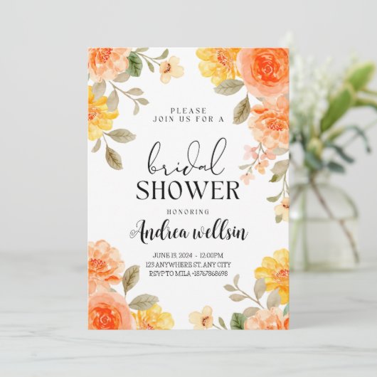 Orange boho Blumendusche Einladung (Stehend Vorderseite)