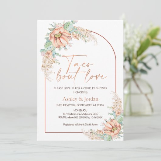 Orange Boho Cactus Taco 'bout Liebe Paare Dusche Einladung (Stehend Vorderseite)