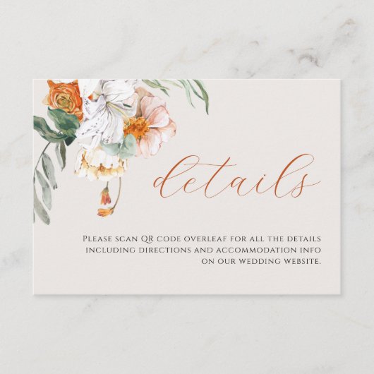 Orange Boho Fall Floral QR Code Hochzeitdetails Begleitkarte (Vorderseite)