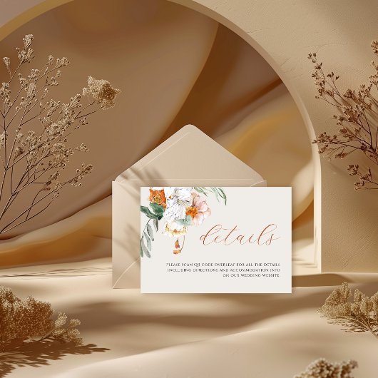 Orange Boho Fall Floral QR Code Hochzeitdetails Begleitkarte
