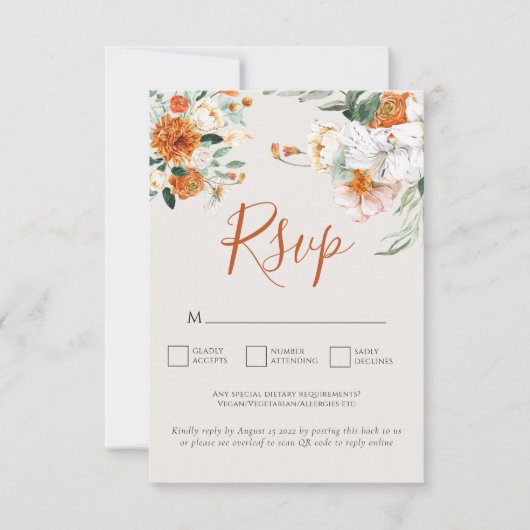 Orange Boho Fall Floral QR Code Wedding RSVP Card Karte (Vorderseite)