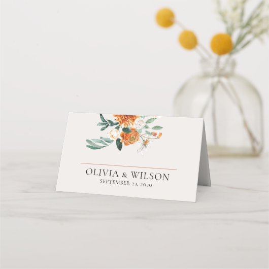 Orange Boho Fall Floral Wedding Platzkarte (Vorderseite)