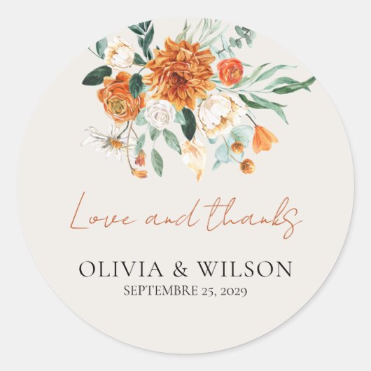 Orange Boho Fall Floral Wedding Runder Aufkleber (Vorderseite)