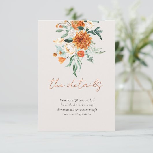 Orange Boho Fall QR Code Blumenzettel Begleitkarte (Stehend Vorderseite)