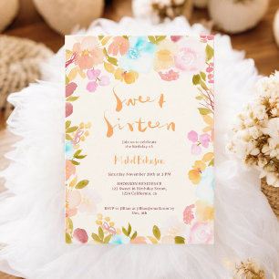 Orange boho floral Aquarellschrift Sweet 16 Einladung