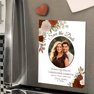 Orange Boho Floral & Foto Hochzeit Save the Date Magneteinladung