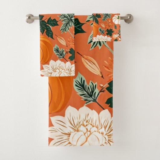 Orange Boho Pumpkin Autumn Floral Pattern Badhandtuch Set (Insitu)