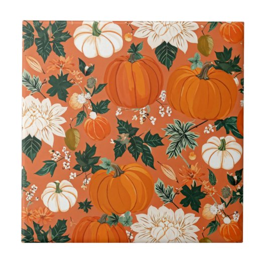 Orange Boho Pumpkin Autumn Floral Pattern Fliese (Vorderseite)