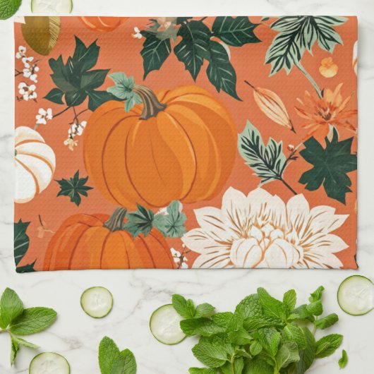 Orange Boho Pumpkin Autumn Floral Pattern Geschirrtuch (Gefaltet)