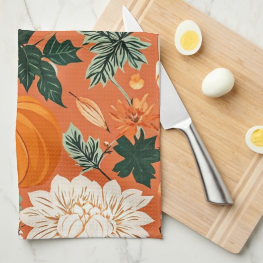 Orange Boho Pumpkin Autumn Floral Pattern Geschirrtuch (Viertel Falte)