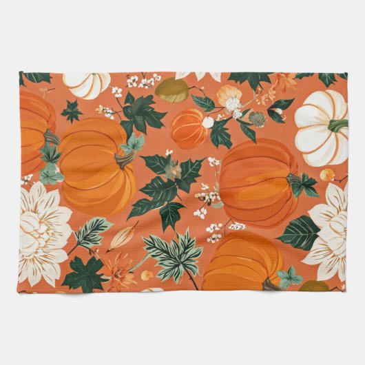 Orange Boho Pumpkin Autumn Floral Pattern Geschirrtuch (Horizontal)