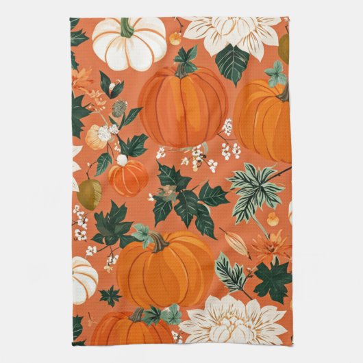 Orange Boho Pumpkin Autumn Floral Pattern Geschirrtuch (Vertikal)