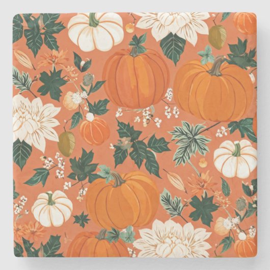 Orange Boho Pumpkin Autumn Floral Pattern Steinuntersetzer (Vorderseite)