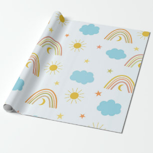 Orange Boho Regenbogen mit Sonne und Wolken Geschenkpapier