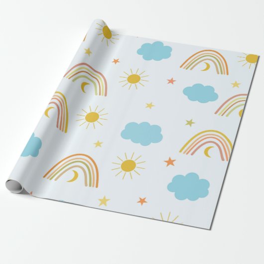 Orange Boho Regenbogen mit Sonne und Wolken Geschenkpapier (Ungerollt)