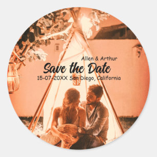 orange boho Save the Date QR Website-Namen phot hi Runder Aufkleber