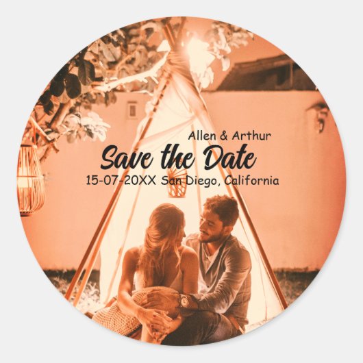orange boho Save the Date QR Website-Namen phot hi Runder Aufkleber (Vorderseite)
