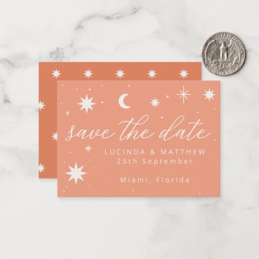 Orange Boho Starry Wedding Save the Date Card Mitteilungskarte (Vorderseite/Rückseite Beispiel)