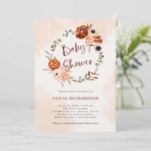 Orange Boho | Wasserfarbendusche Einladung (Stehend Vorderseite)