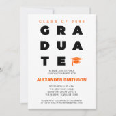 Orange Bold GRADUATE Letters and Cap Abschluss Einladung (Vorderseite)