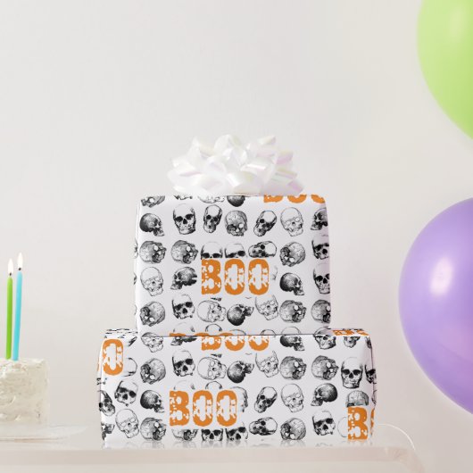Orange Boo Halloween Spooky Skull Pattern Geschenkpapier (Partygeschenke)