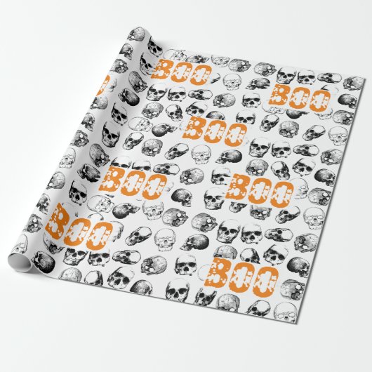 Orange Boo Halloween Spooky Skull Pattern Geschenkpapier (Ungerollt)