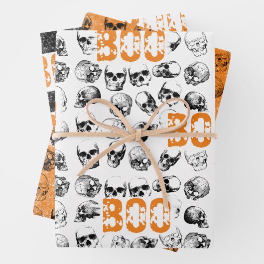 Orange Boo Halloween Spooky Skull Pattern Geschenkpapier Set (Beispiel)