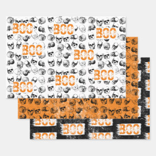 Orange Boo Halloween Spooky Skull Pattern Geschenkpapier Set