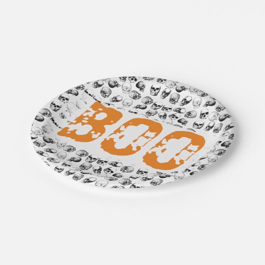 Orange Boo Halloween Spooky Skull Pattern Pappteller (Schrägansicht)