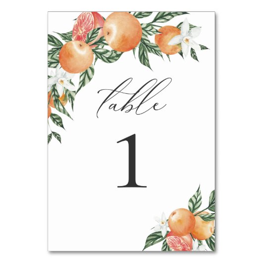 Orange Botanical Citrus Mode Wedding Tischnummer (Vorderseite)