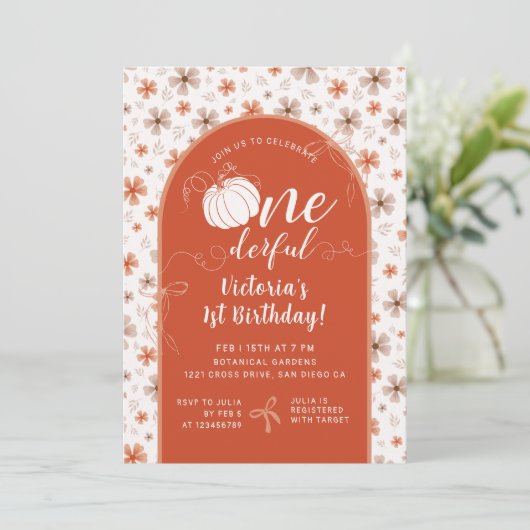 ORANGE BOW & ARCH FALL PUMPKIN FLOWERS BIRTHDAY EINLADUNG (Stehend Vorderseite)