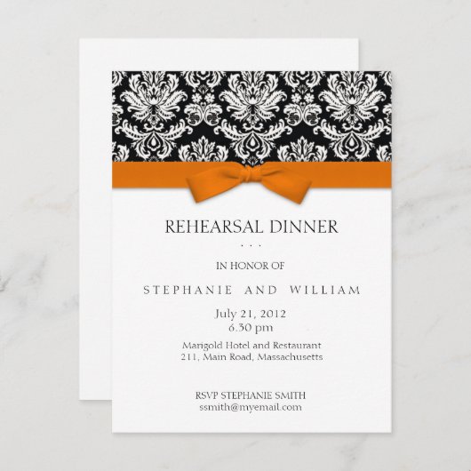 Orange Bow Damask Probe Dinner Einladung (Vorne/Hinten)