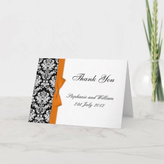 Orange Bow Damask Wedding Thank You Cards Dankeskarte (Vorderseite)
