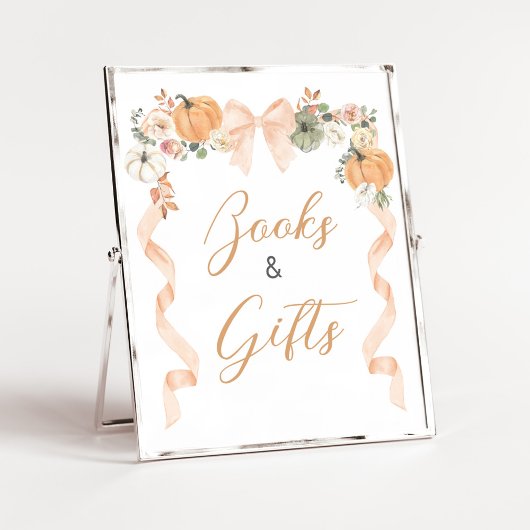 Orange Bow Pumpkin Baby Shower Books and Gift Sign Poster