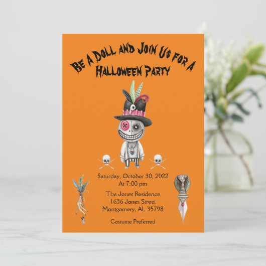 Orange Boy Voodoo Doll Halloween-Party Einladung (Stehend Vorderseite)