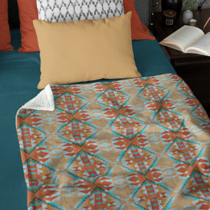 Orange Braun Aqua Türkis Blau Stammeskunst Fleecedecke