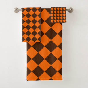 Orange-Braun-Diamant-Schachbrettmuster Badhandtuch Set