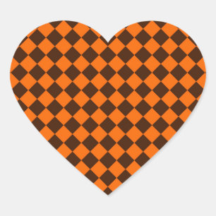 Orange-Braun-Diamant-Schachbrettmuster Herz-Aufkleber