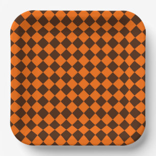 Orange-Braun-Diamant-Schachbrettmuster Pappteller