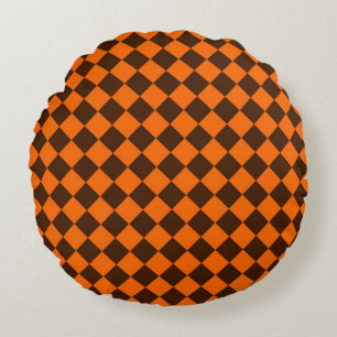 Orange-Braun-Diamant-Schachbrettmuster Rundes Kissen